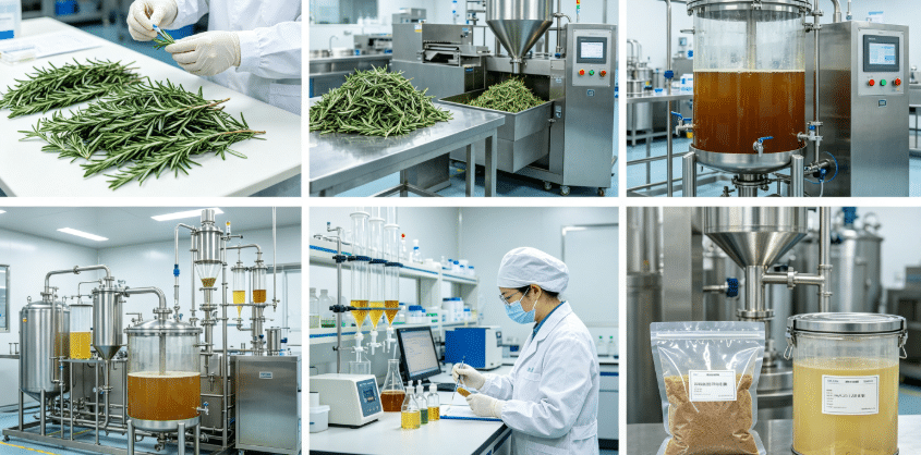 Hydroalcoholic extraction process flowchart for carnosic acid and rosmarinic acid standardization